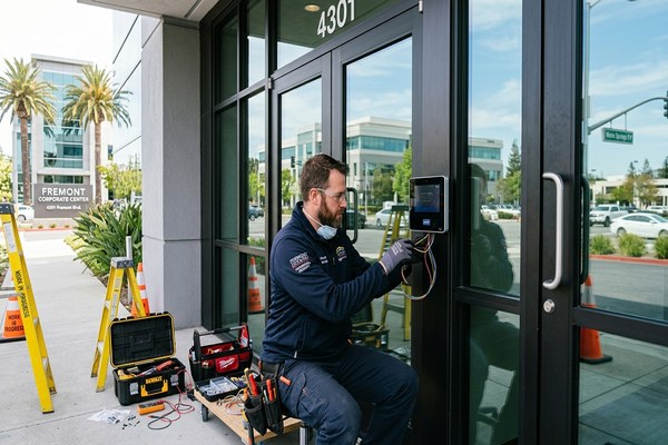 Commercial locksmith installing access control panel in Fremont office